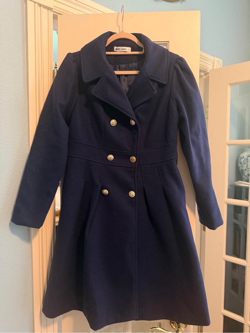 Grace Karin Navy Double-Breasted Fit-and-Flare Pea Coat with Gold Buttons